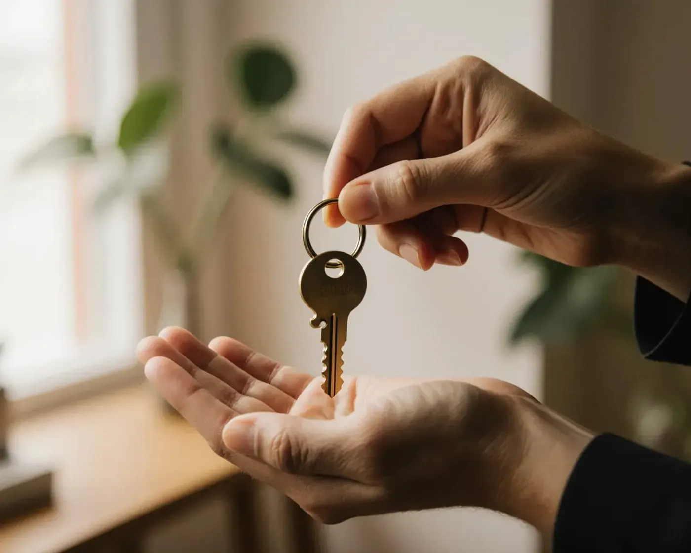 A house key on a brass ring being placed into an open hand