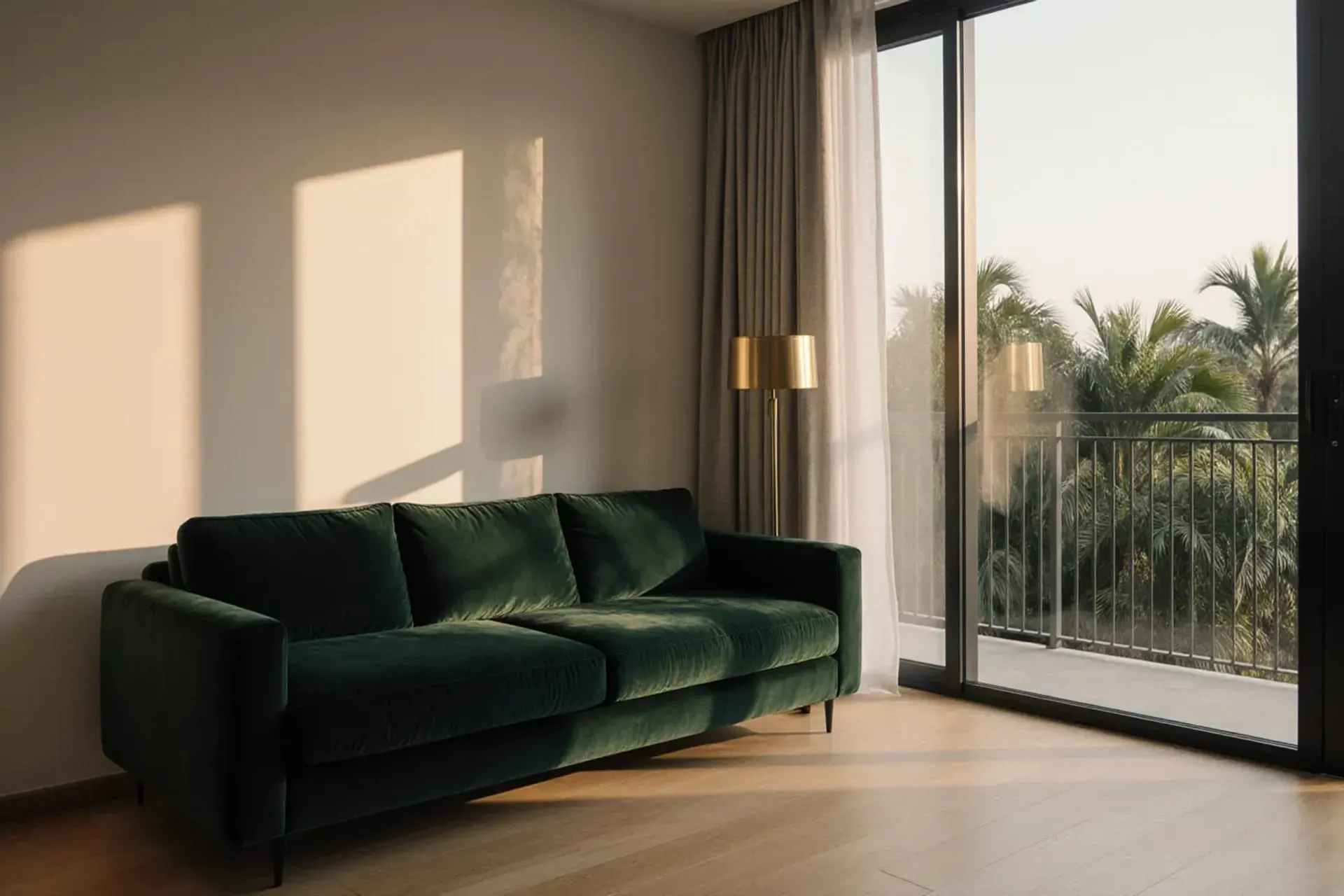 A calm living room in late-afternoon light, a green sofa beside tall windows onto tropical greenery